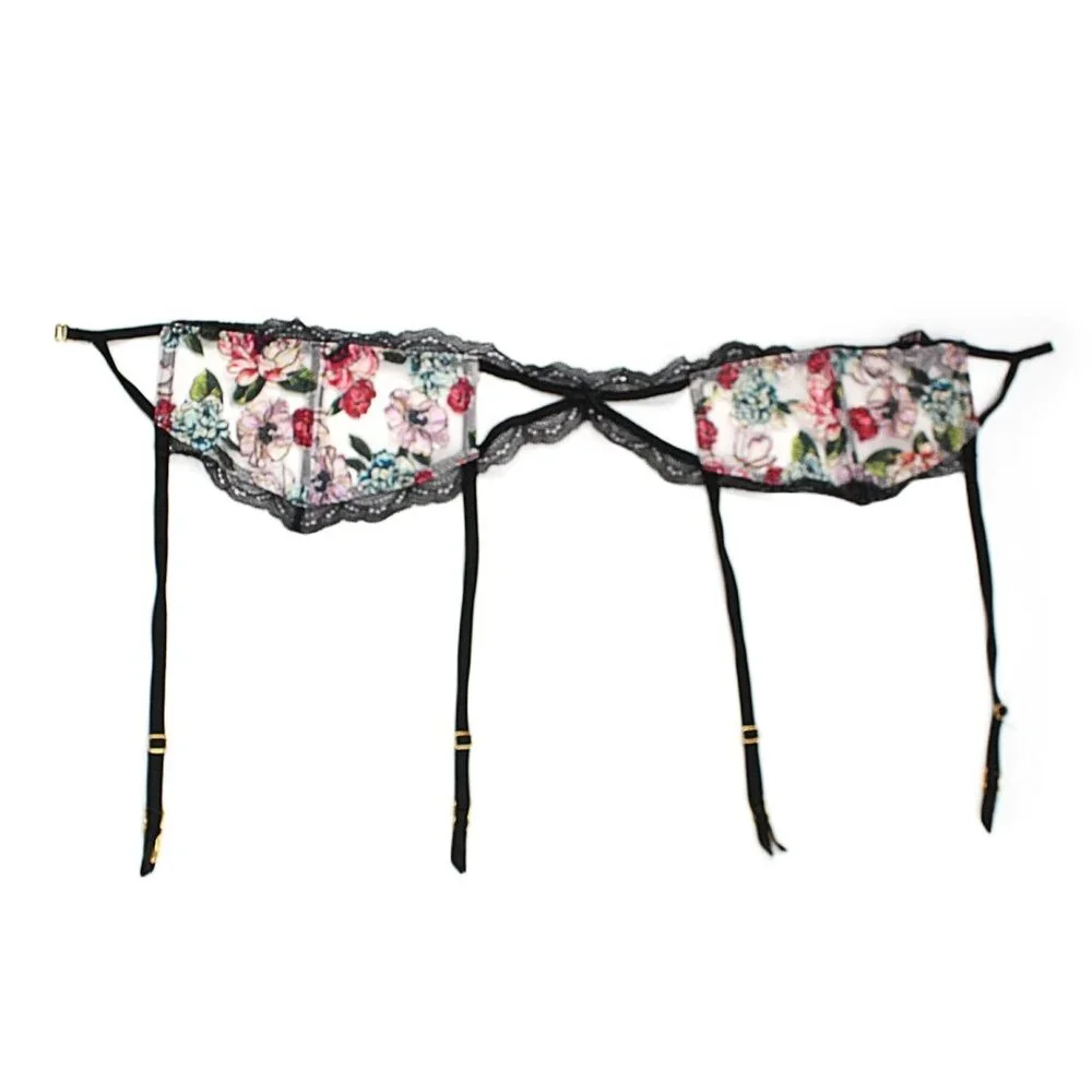 Victoria’s Secret Garter Belt Floral Lace Cutout Sheer Mesh M/L Gold Hardware - Picture 7 of 11